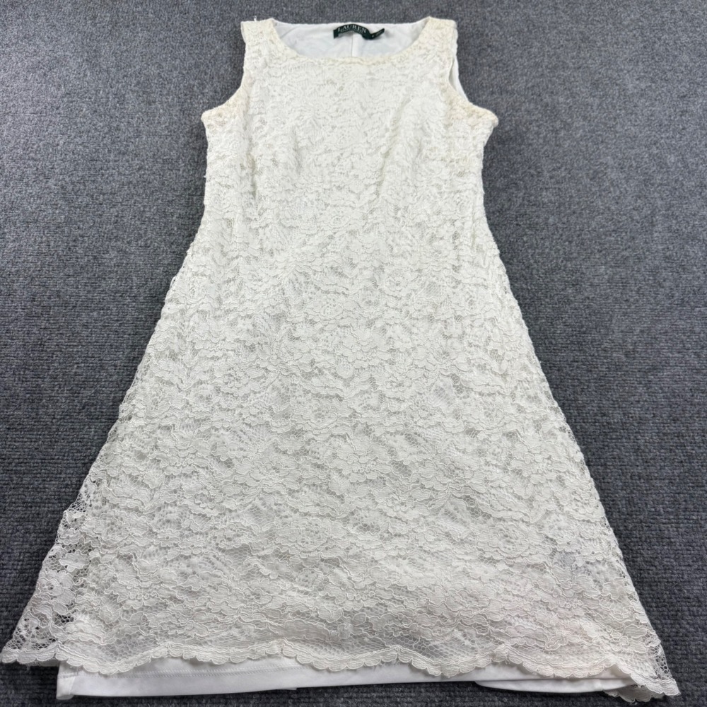 Lauren Ralph Lauren Lace Dress Size 8 Cream Sleeveless Floral Sheath Women's